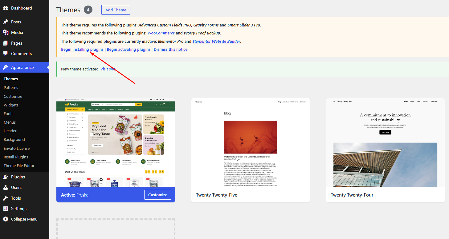 Themes page with required plugins notice