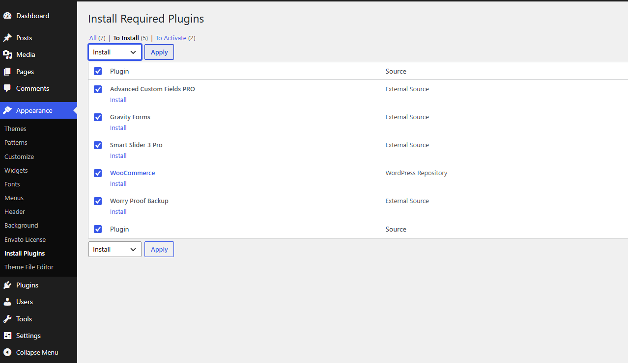 Install Required Plugins page with bulk actions