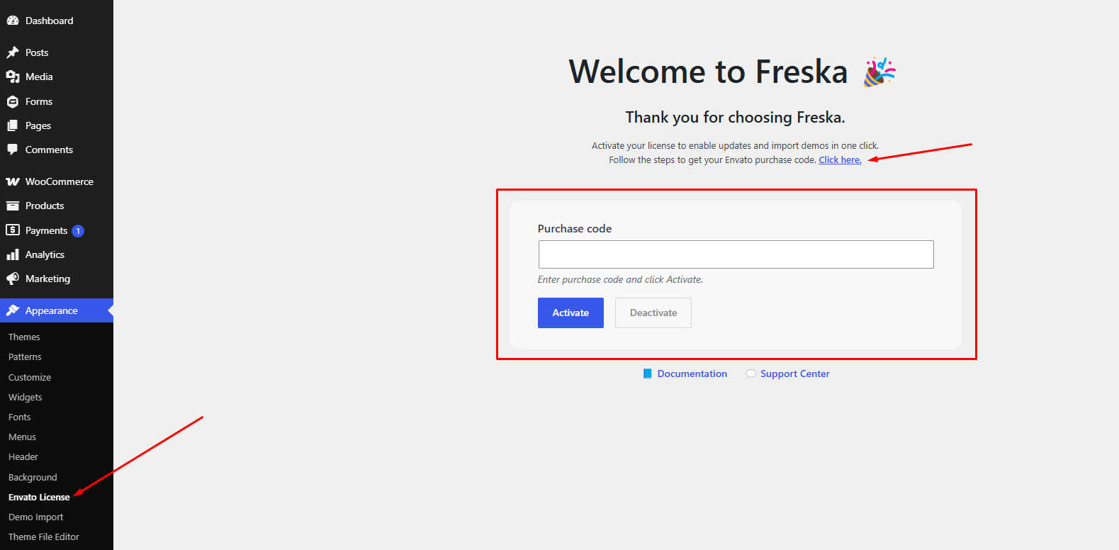 Envato License activation page before activation