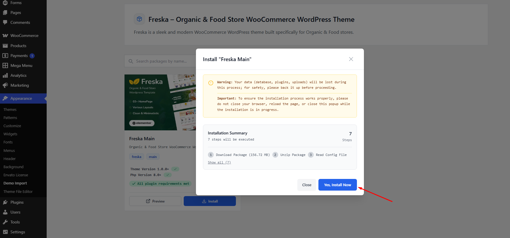 Demo Import page showing available demos with Install button