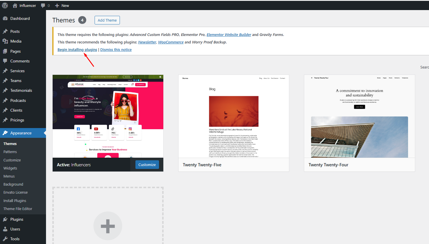 Themes page with required plugins notice
