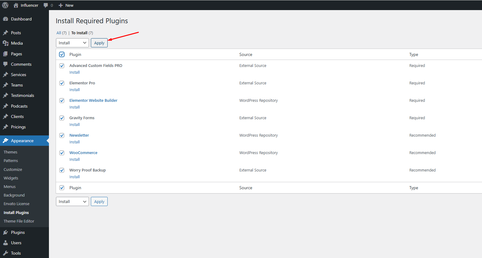 Install Required Plugins page with bulk actions