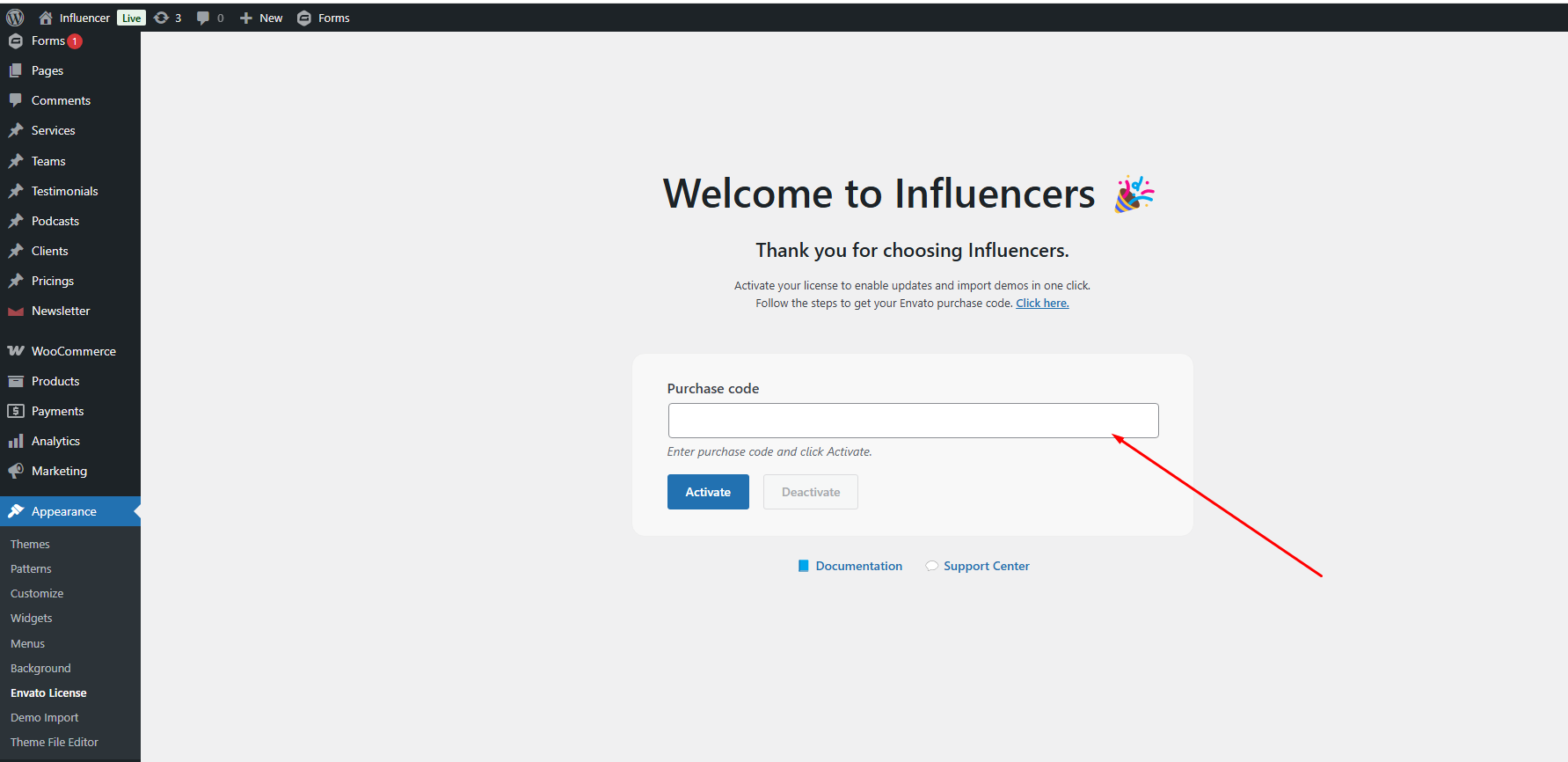 Envato License activation page before activation