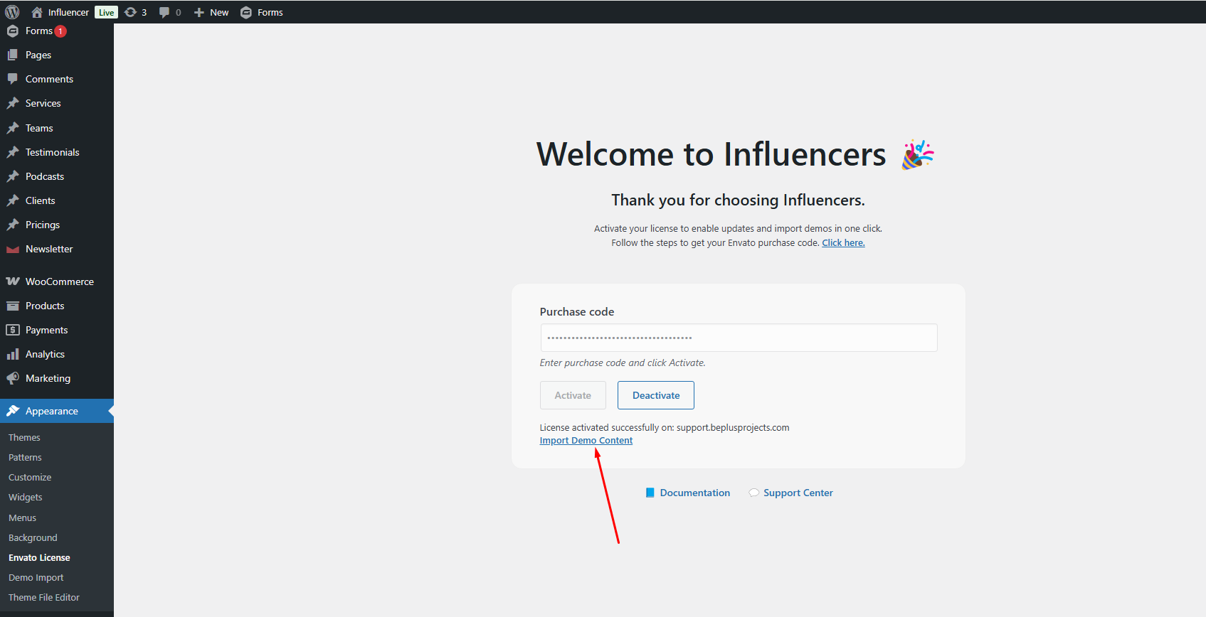 Envato License page after successful activation with Import Demo Content link