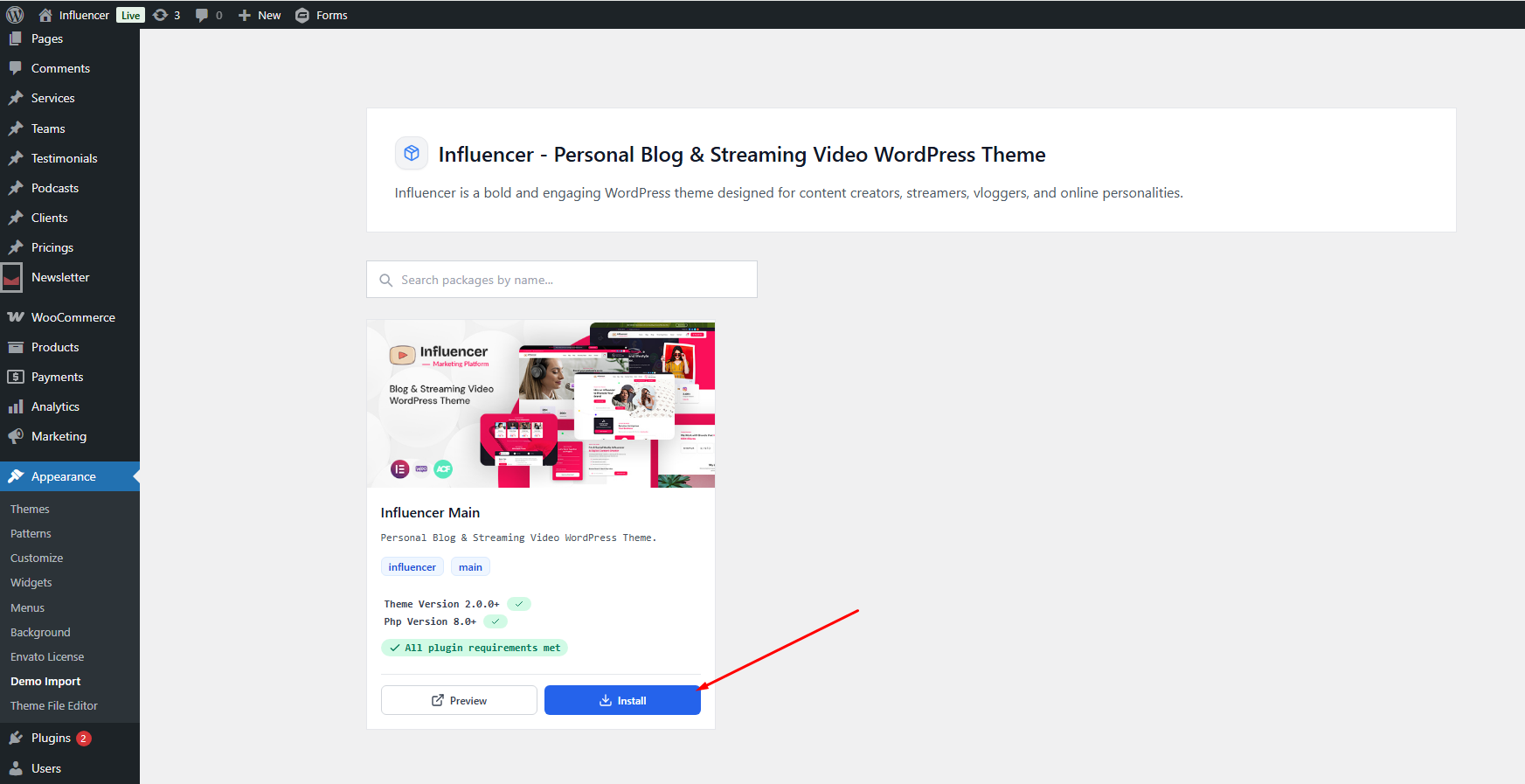Demo Import page showing available demos with Install button