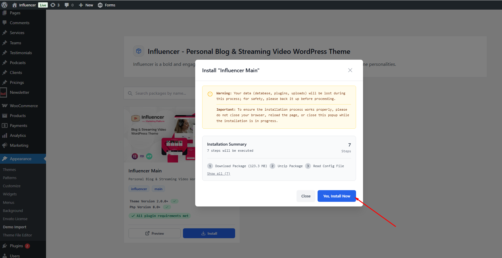 Demo Import page showing available demos with Install button