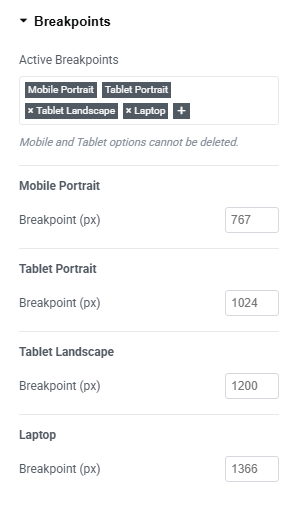 Breakpoints Section in Elementor Site Settings