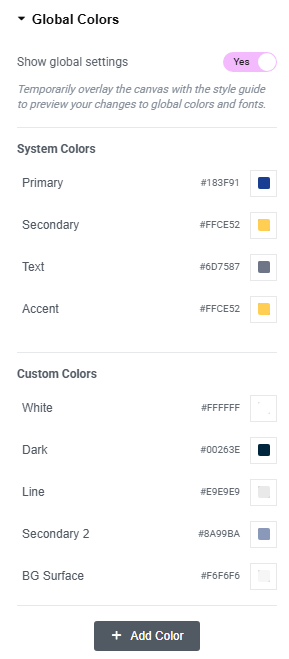 Global Colors Section - Primary, Secondary, Text, Accent Colors