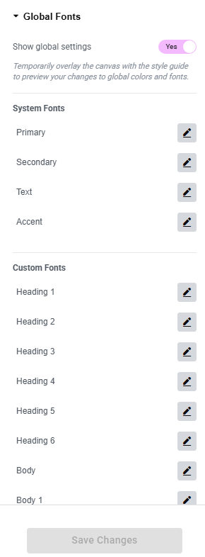 Global Fonts Section in Elementor Site Settings