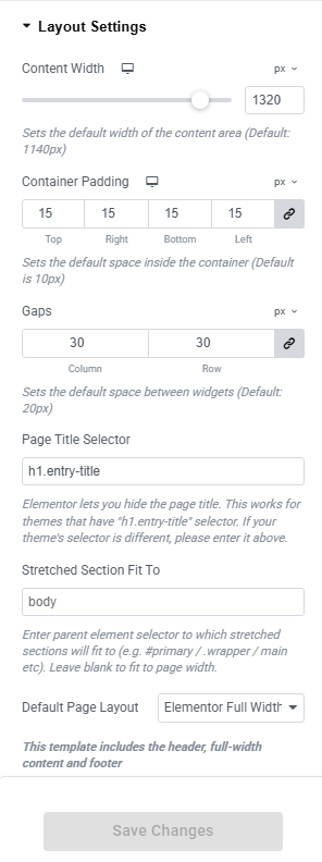 Layout Settings Section in Elementor Site Settings
