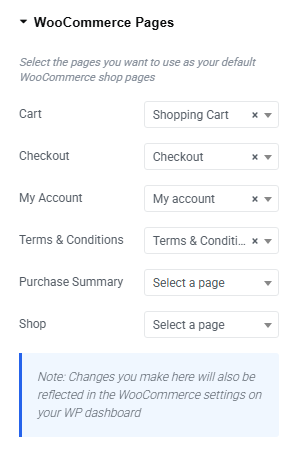 WooCommerce Pages Section in Elementor Site Settings