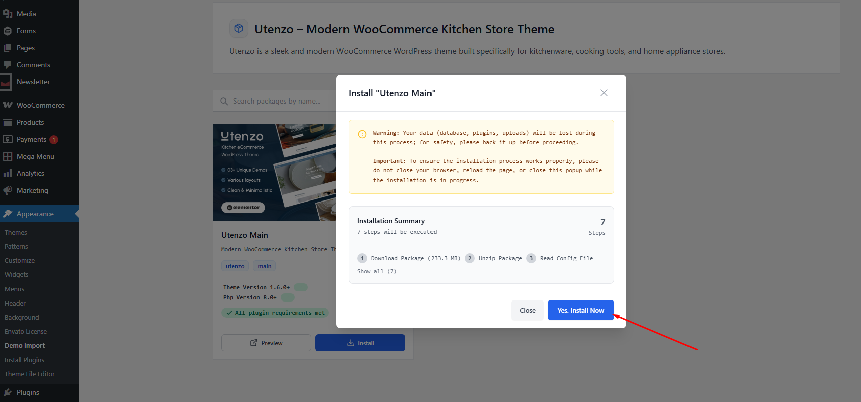 Modal popup confirming demo installation with warnings and installation summary
