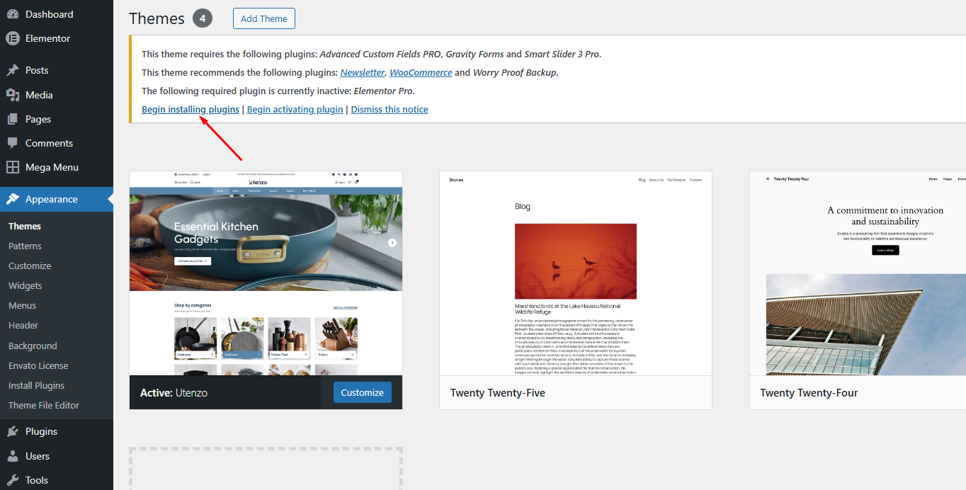 Themes page with required plugins notice