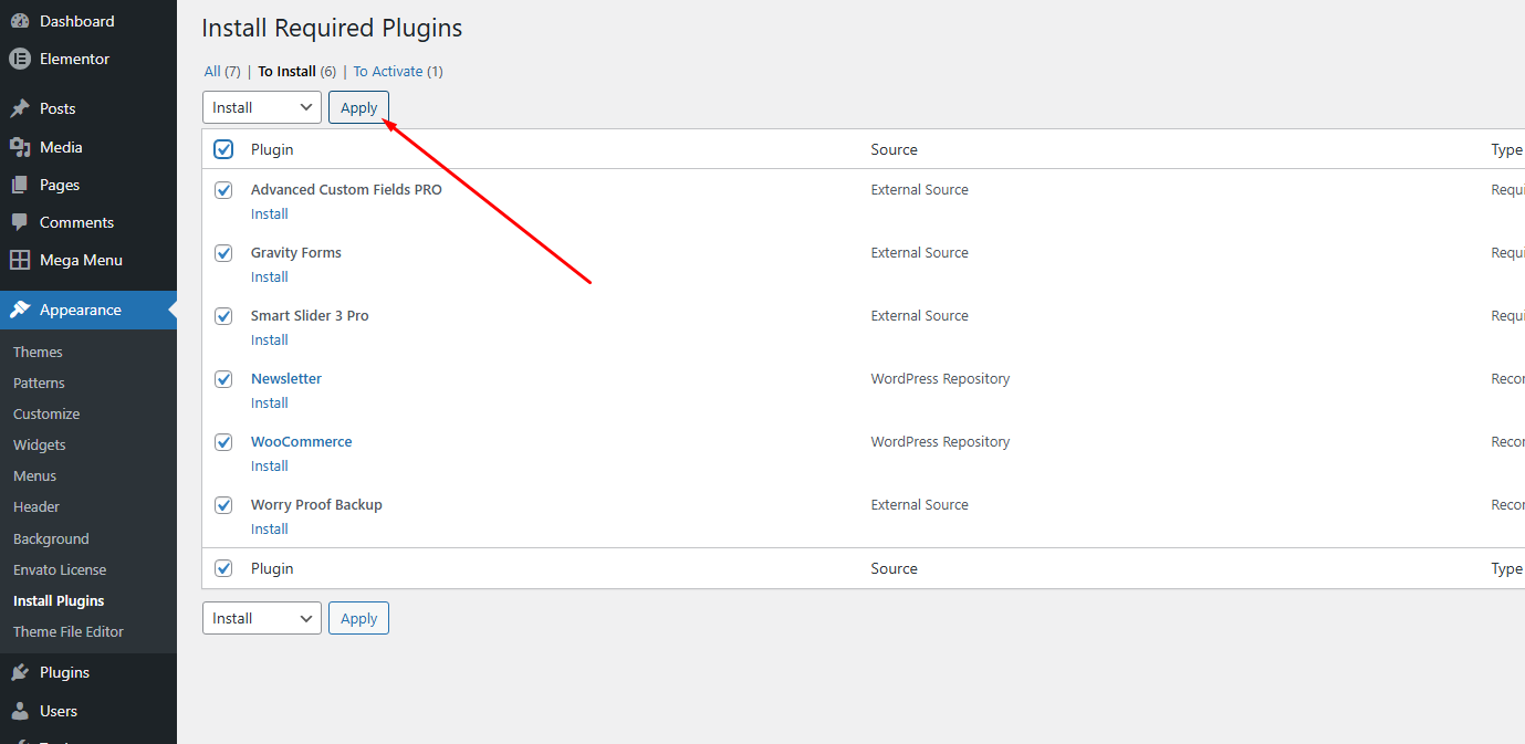 Install Required Plugins page with bulk actions