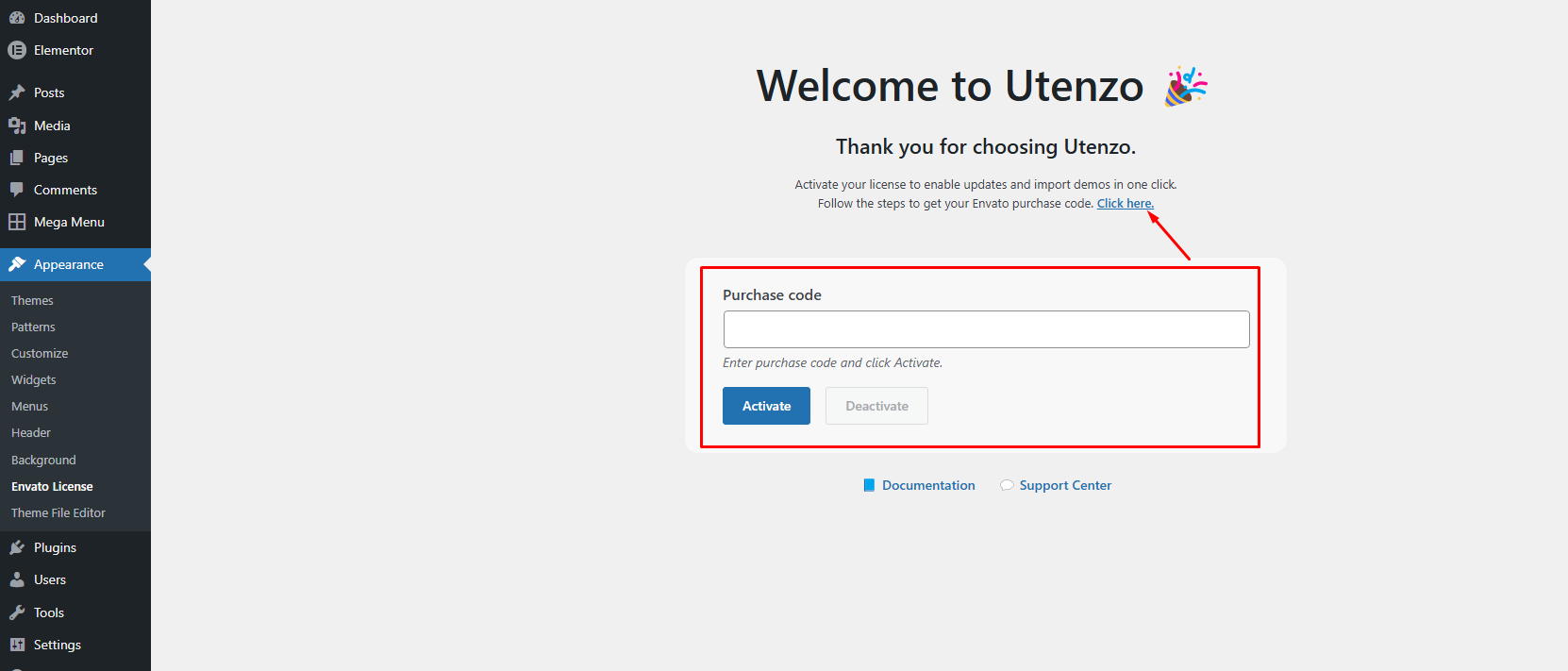 Envato License activation page before activation