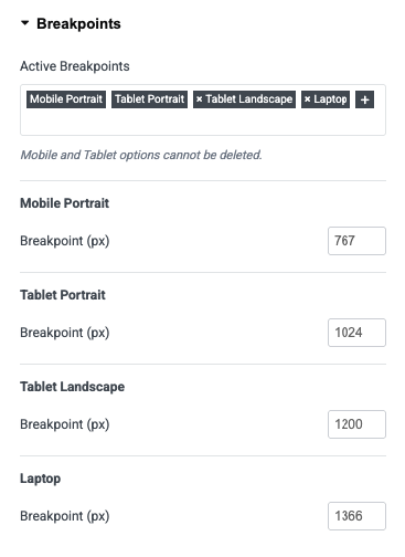 Breakpoints Section in Elementor Site Settings