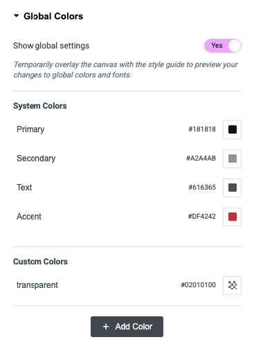 Global Colors Section - Primary, Secondary, Text, Accent Colors