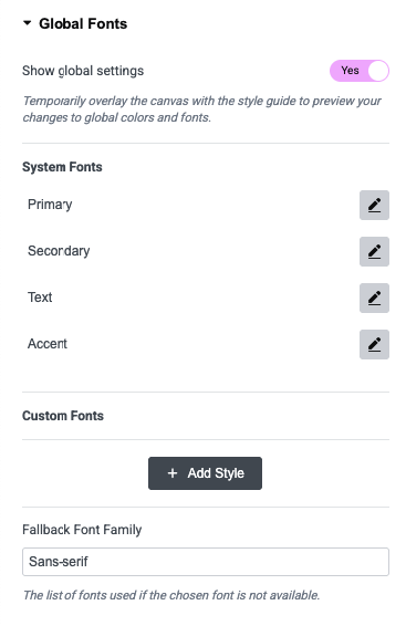 Global Fonts Section in Elementor Site Settings