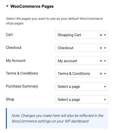WooCommerce Pages Section in Elementor Site Settings